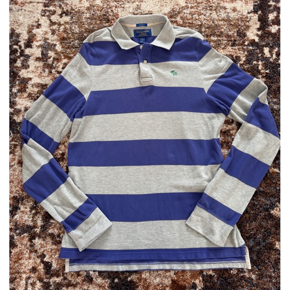 Abercrombie & Fitch Muscle Y2K Long Sleeve Polo Vintage XL Purple‎ Gray Stripe